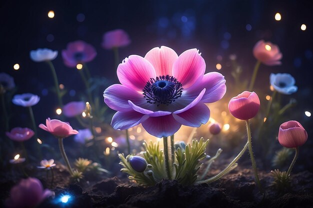 Фото Красивый волшебный цветок анемона с волшебными огнями на заднем плане