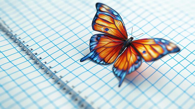 사진 노트북 위에 아름다운 오렌지색과 파란색 나비 나비는 노트북에 앉아 있고 날개는 펼쳐져 있습니다.