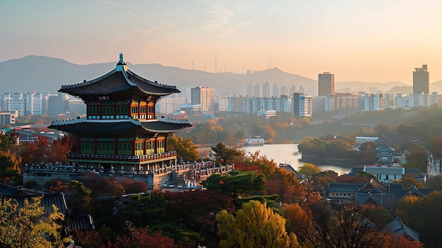 Фото Прекрасный панорамный вид на город с традиционным корейским дворцом на переднем плане