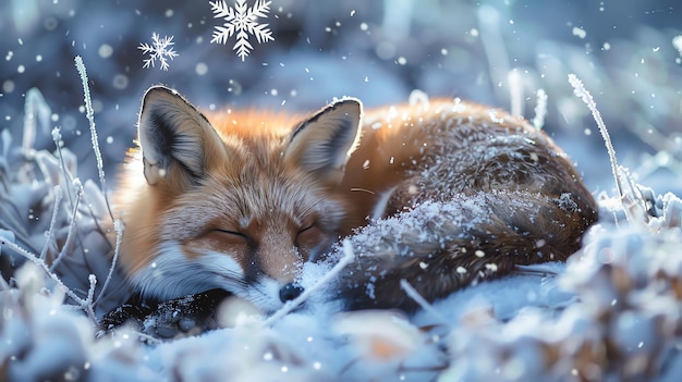 Фото Красивая красная лиса спит в снегу лиса свернулась с хвостом, обернутым вокруг тела