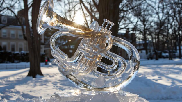 写真 氷で作られた楽器の美しい刻が雪に覆われた地面に座っている