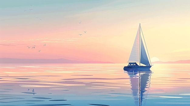 写真 夕暮れの帆船の美しい海景 空はピンクとオレンジと黄色のグラデーションで 水は深い青色です