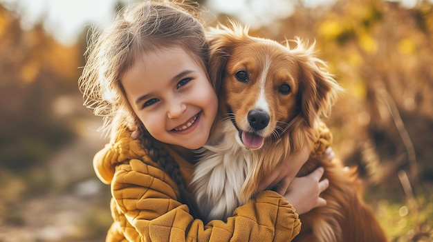 写真 美しい笑顔の小さな女の子が庭で犬を抱きしめる