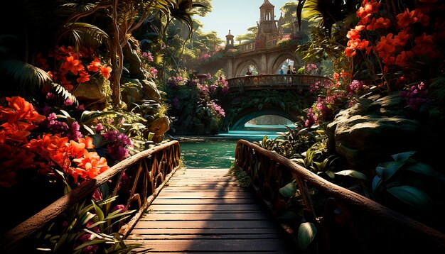 Фото Красивый летний сад с красочными цветами и деревянным мостом, созданным ии