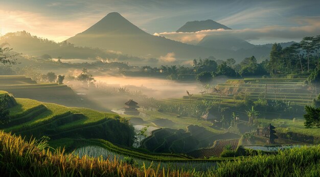 写真 朝の米畑の美しい景色