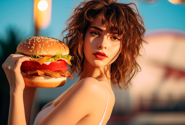 写真 ハンバーガーを食べる美しい女性