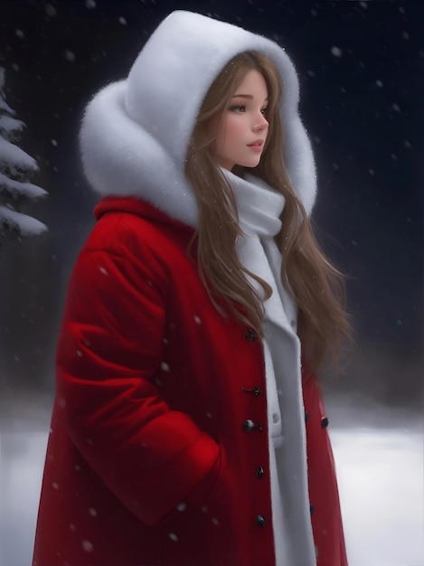 사진 눈 인 겨울 밤 에 빨간 <unk> 을 입은  털 로 된 코트 를 입은 아름다운 여자