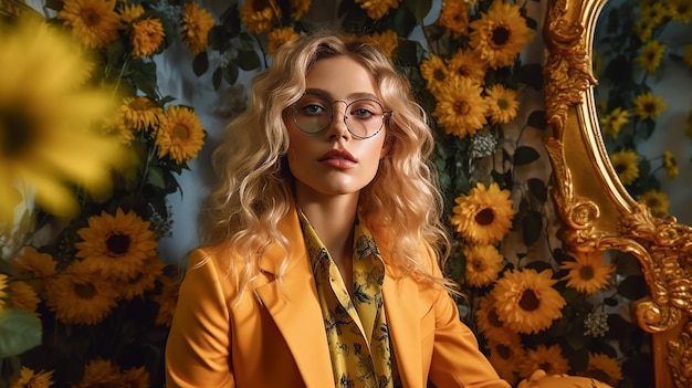 a_beautiful_woman_wearing_glasses_with_sunflowers