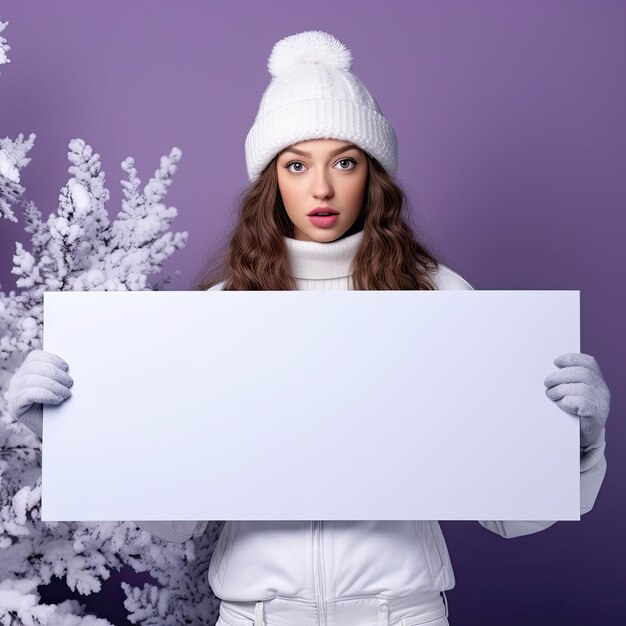 Фото Красивая женщина с белым плакатом создает волшебную зимнюю сцену