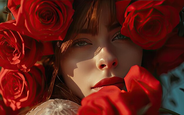 写真 赤いバラを着た美しい女性 プロの広告投稿 写真 ai生成