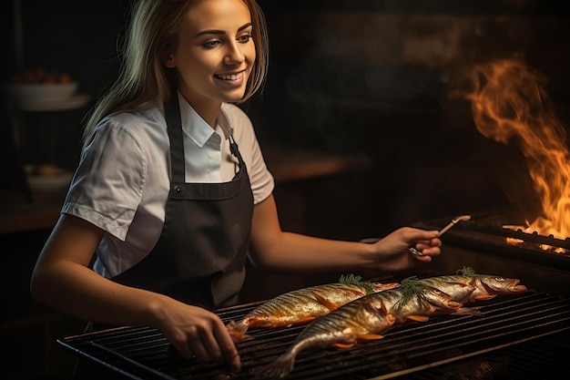写真 美しい若い女性シェフがグリルで焼き魚を調理している