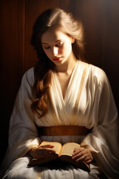 写真 白いドレスを着た美しい若い女性が暗い部屋で本を読んでいる