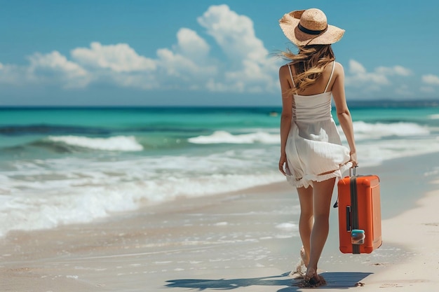 Фото Красивая молодая женщина прогуливается по песчаному пляжу с чемоданом в руке летнее путешествие