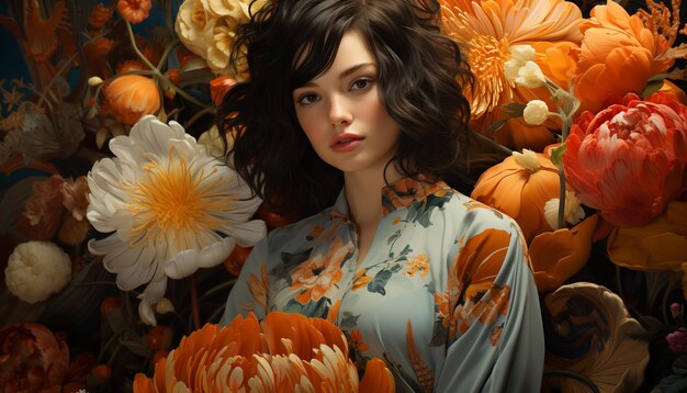 写真 人工知能によって生成された自然の中で色とりどりの花に囲まれたファッショナブルなドレスを着て、笑顔でカメラを見ている茶色の髪の美しい若い女性