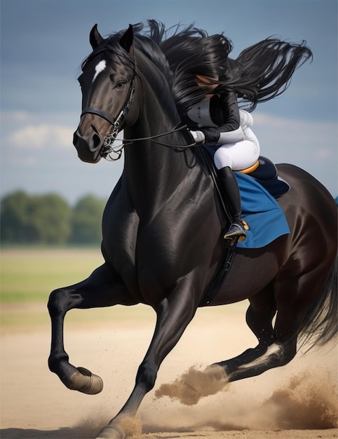 写真 美しく走る黒い馬