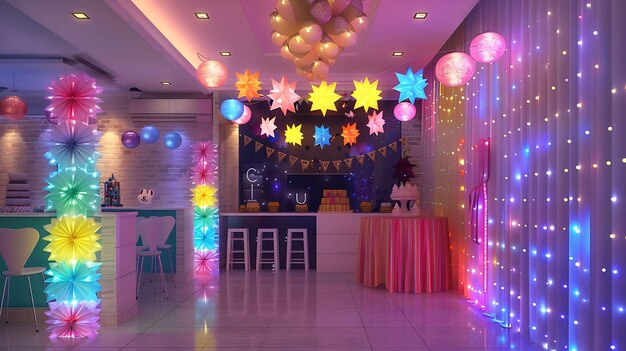 사진 다채로운 불빛과 종이 별을 가진 아름답게 꾸며진 방은 파티 또는 특별한 이벤트를 위해 완벽합니다.