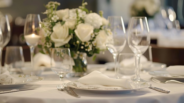 写真 麗な白いリネンと美しくセットされたテーブル 細な中国製と磨かれた銀器具は,