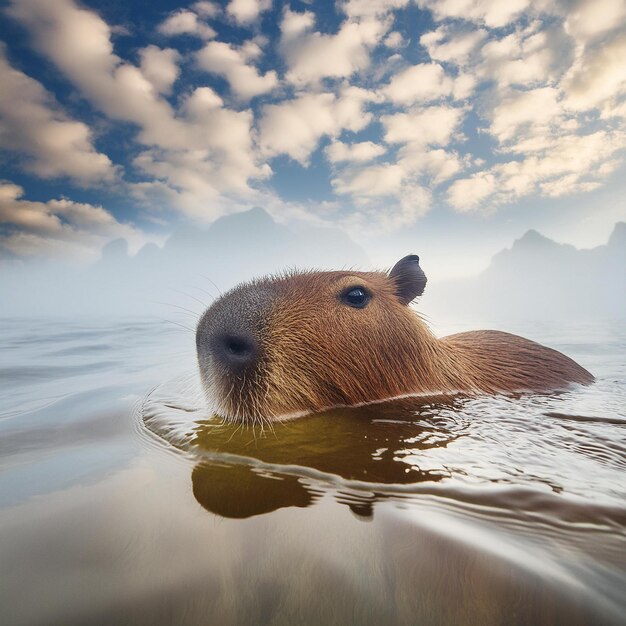 Фото a beaver swims in a lake with mountains in the background