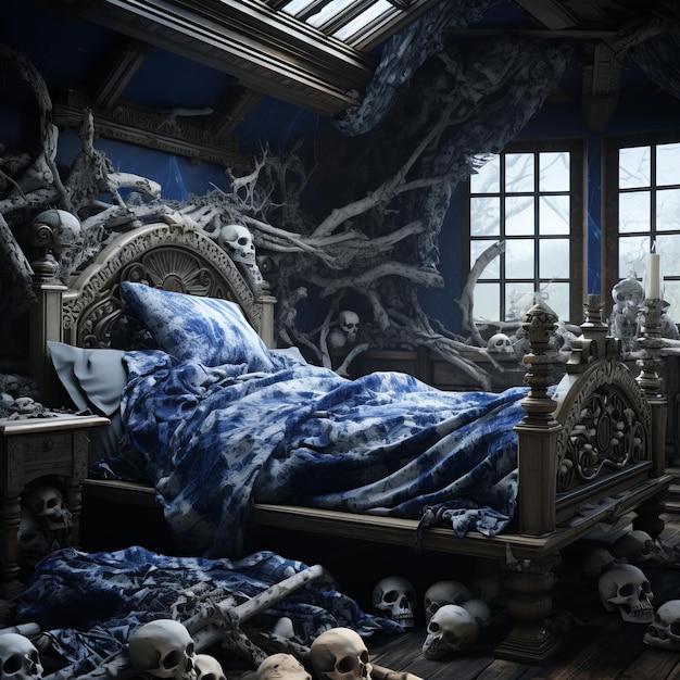 Фото Кровать с сине-белым одеялом