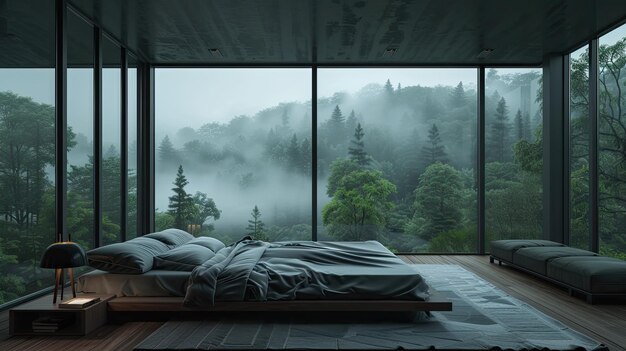사진 산의 전망을 가진 침대