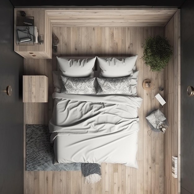Фото Кровать с деревянной рамой и растением на ней.