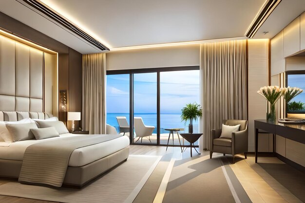 写真 ベッド、テーブル、海を望む窓のあるベッドルーム。