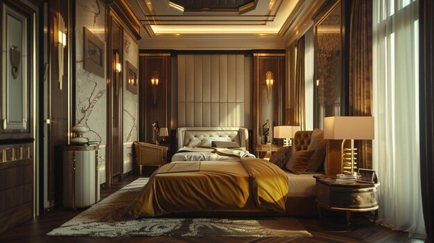 写真 壁にベッドとランプがついた寝室