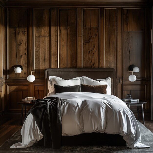 Фото Спальня с кроватью и деревянной стеной с лампой на ней