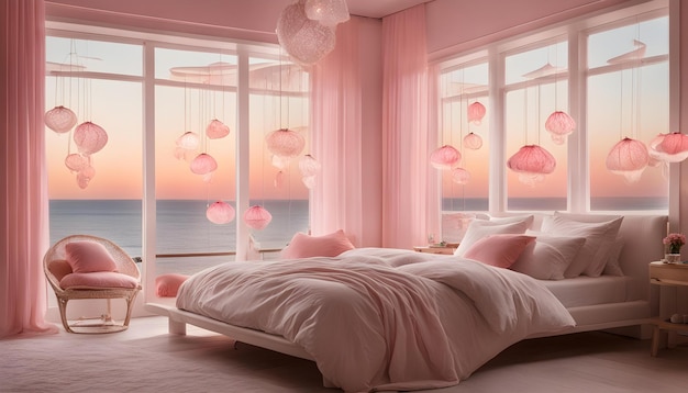 写真 ピンクと白のベッドとピンクのカーテンの窓のある寝室