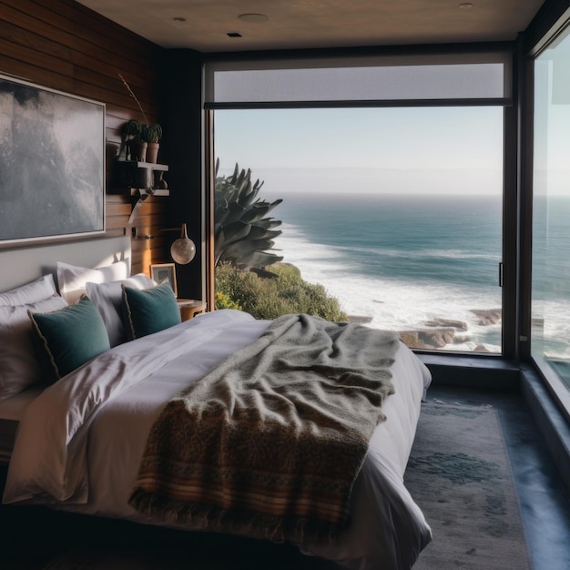 Фото Спальня с видом на океан генеративное изображение ai