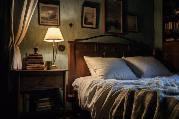 Фото Спальня с белым покрывалом, одной лампой и книгой на ночном столе.