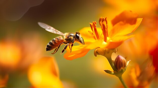Фото Пчела парит над желтым цветком в саду