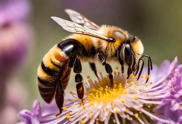 写真 ミツバチが紫の花から花蜜を食べている