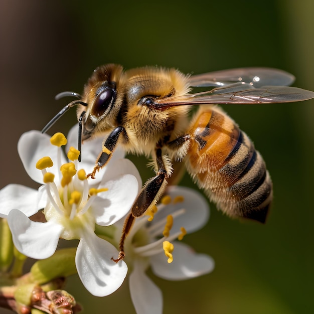 Фото Пчела находится на белом цветке со словом «пчела».