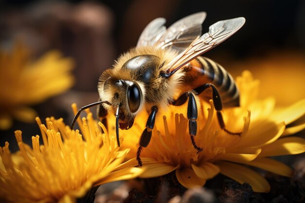 写真 黄色い花の上の蜂が蜜を集めるクローズアップ