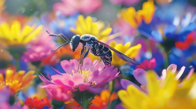 写真 花を授粉するミツバチ ミツバチは黒と黄色で花はピンクです ミズバチは野原で様々な他の花に囲まれています