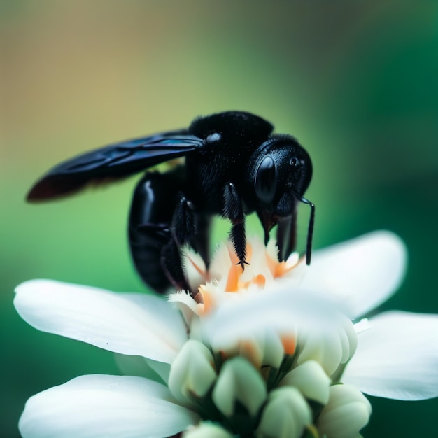 写真 白い花のシーンに座っているミツバチ自然の背景