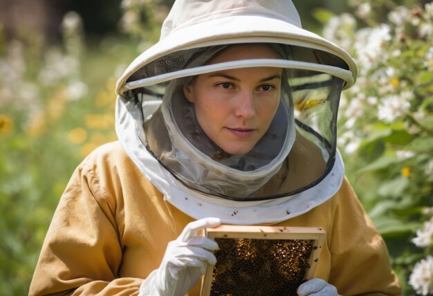 Фото Пчеловод тщательно осматривает каркас улья, уделяя внимание деятельности пчел, демонстрируя ее