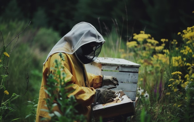 写真 蜂飼いが雨衣を着て蜂巣の世話をしている 雨が降る日野花の鮮やかな色彩に囲まれている 悪天候は蜂屋の仕事に専念することを止めない