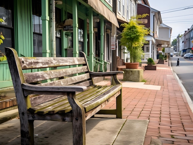 写真 小さな白い家の町という店の前の歩道にあるベンチ。