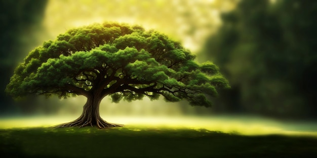 写真 大きな緑の木は aiが生み出した環境の性質を示しています