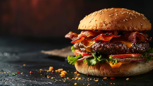 写真 暗い背景の大きな美味しいハンバーガー