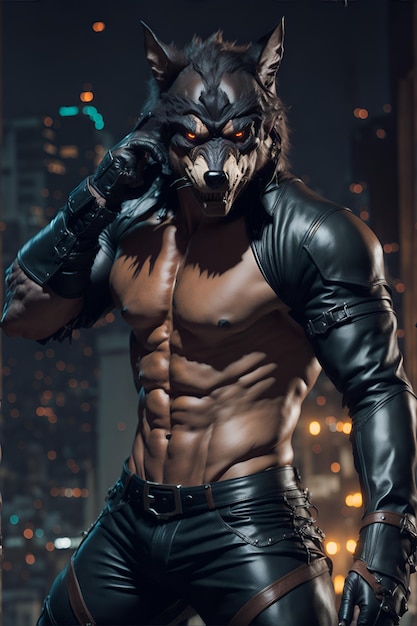Фото Большой мускулистый мужчина с волчьей головой демонстрирует свою силу.