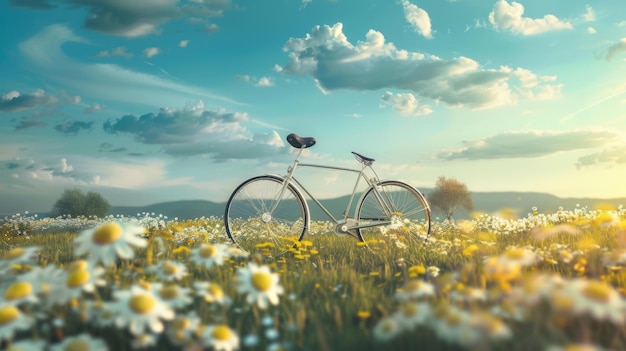 写真 太陽の後ろにある花の畑の自転車