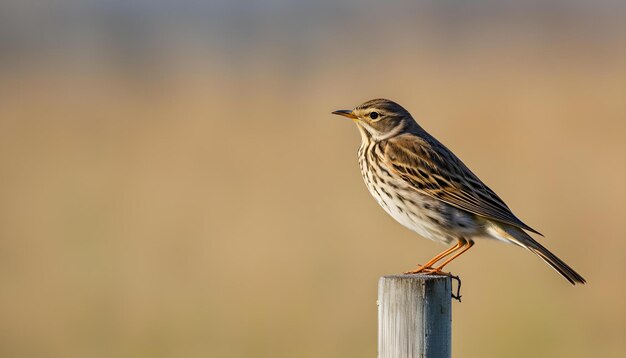 写真 鳥が茶色の背景のフェンスポストに立っています