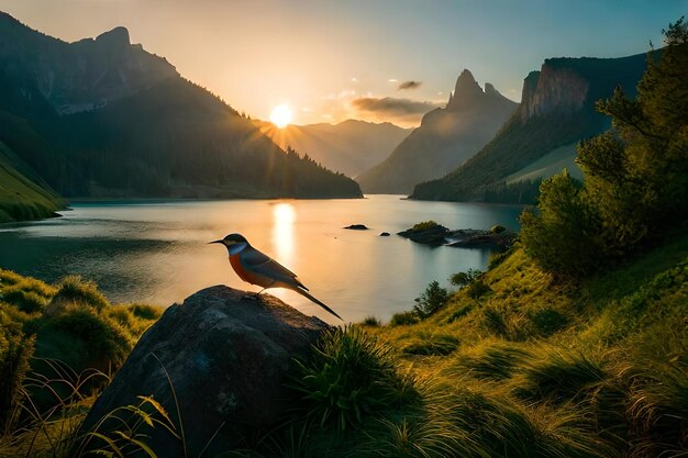 写真 夕暮れ時に鳥が湖の前の岩の上に座っています。