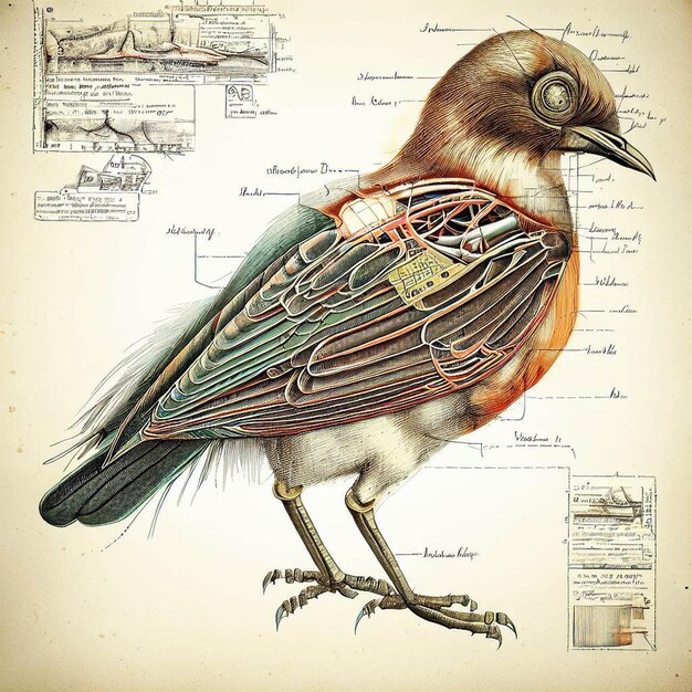 写真 背中に鍵のある鳥とその解剖図。