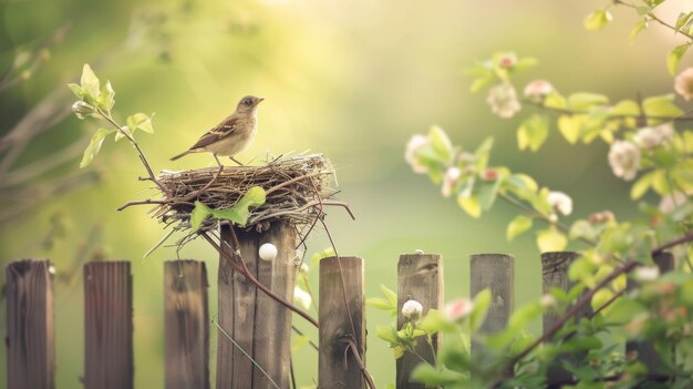 写真 a bird39s nest built atop a wooden fence post with a parent bird standing guard nearby protecting its precious eggs