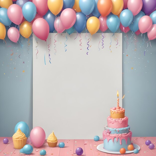 사진 풍선과 함께 생일 케이크와 생일 축하라는 표지판