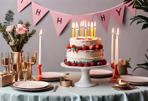 写真 その上にろうそくがついた誕生日ケーキとろうそくをついたケーキ